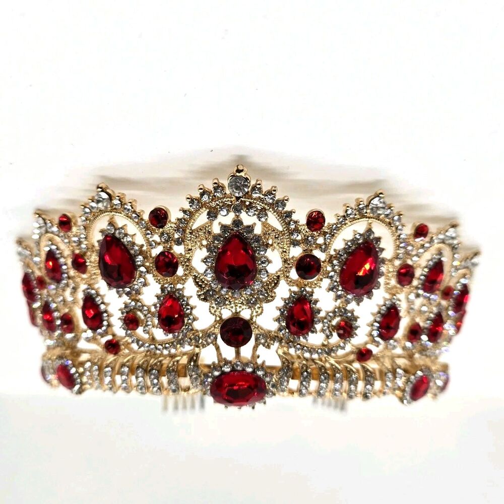 Gold Queen Tiara Crown Red Rhinestones Medieval Renaissance Costume Headpiece - Picture 2 of 8